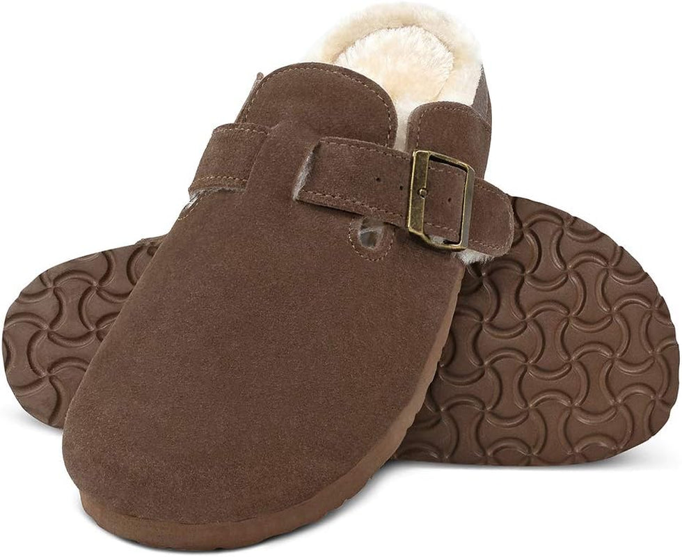 Women'S Black Cow Suede Leather Clogs, Plush Lined, Size 8-9, Winter Warm Shoes