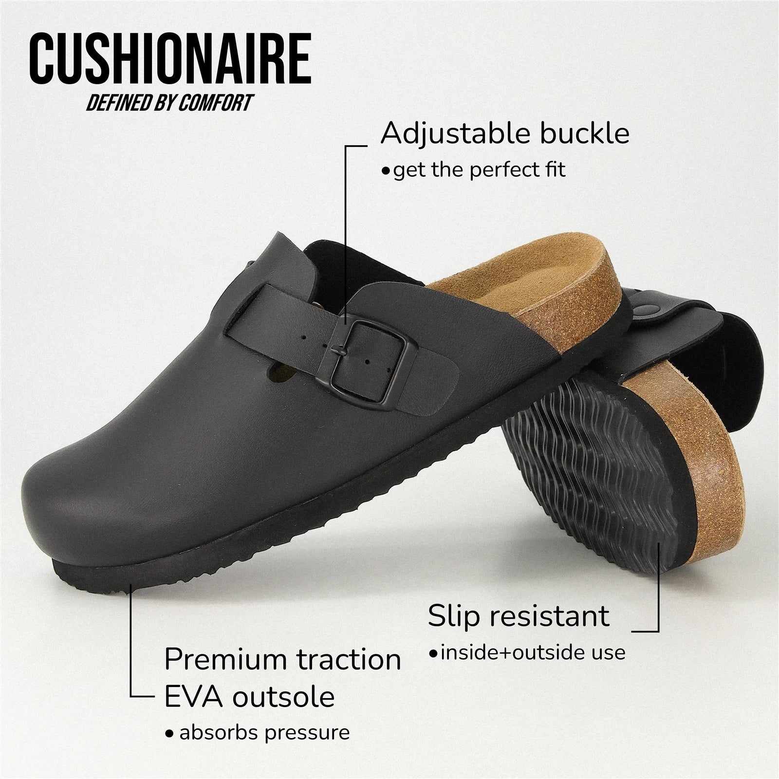 Hana Slip-On Buckle Clog with Cork Footbed +Memory Foam