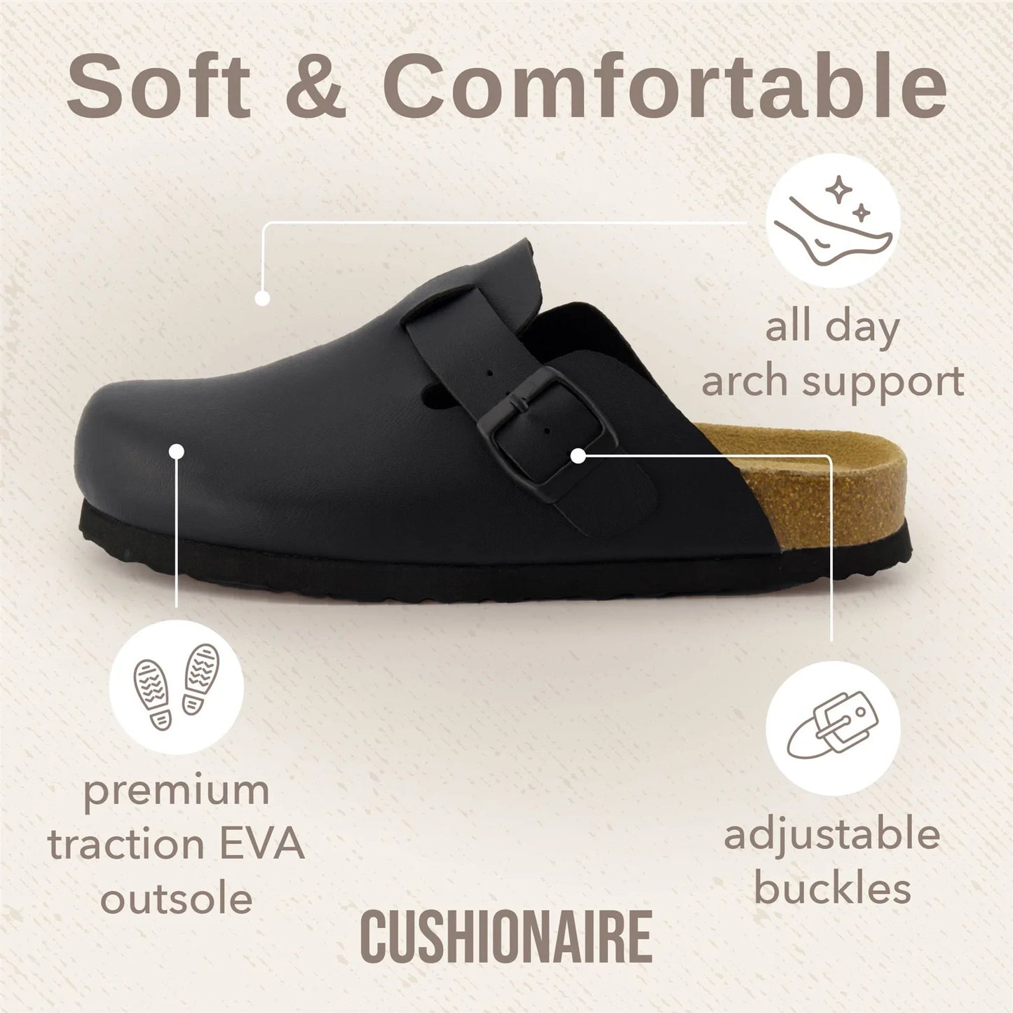 Hana Slip-On Buckle Clog with Cork Footbed +Memory Foam