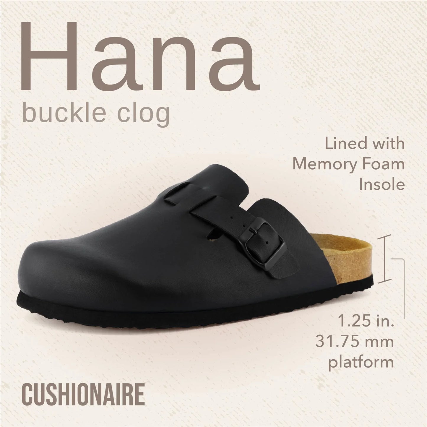 Hana Slip-On Buckle Clog with Cork Footbed +Memory Foam